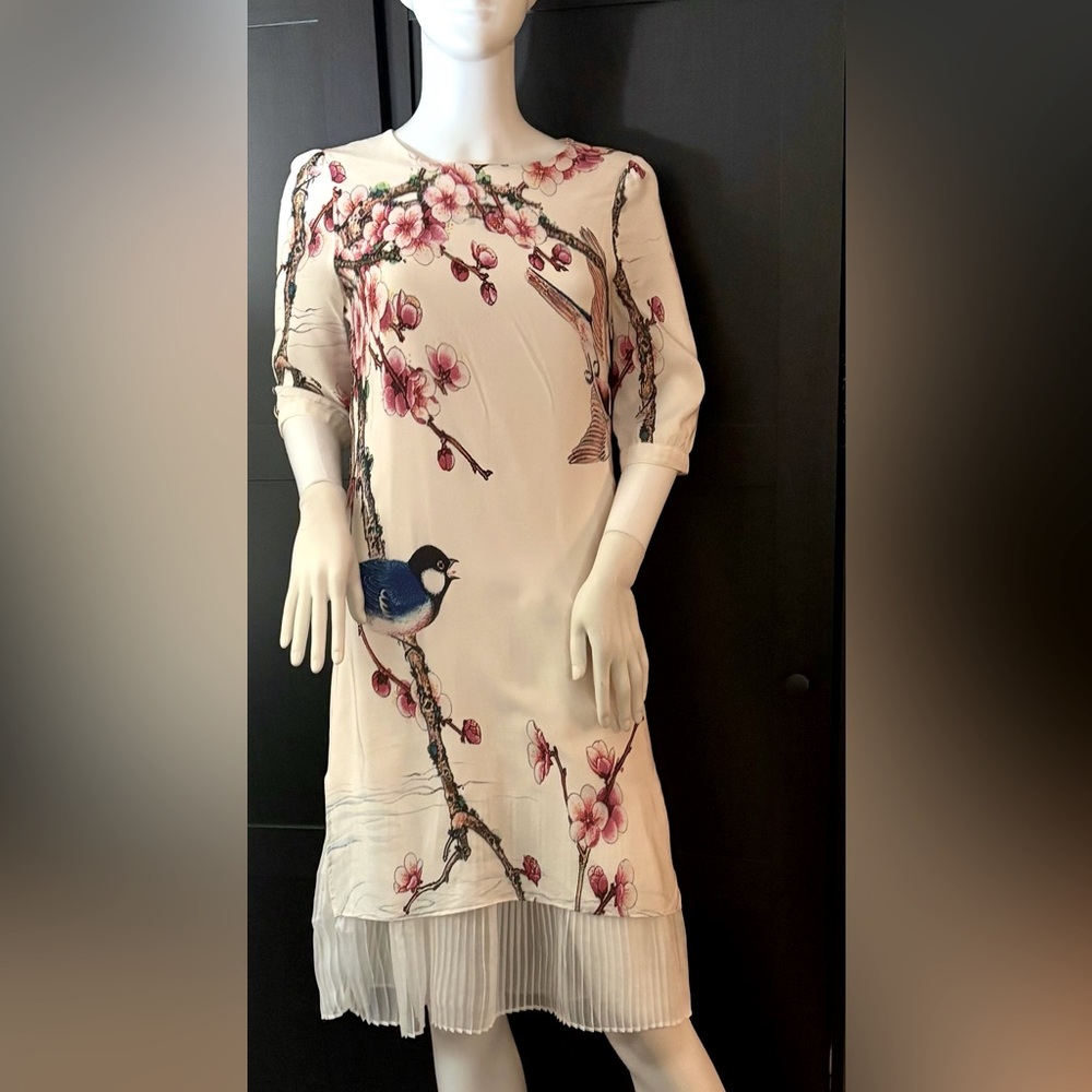 Nexiia Floral Cream pleated hem silk dress.cherry blossoms and bird design.